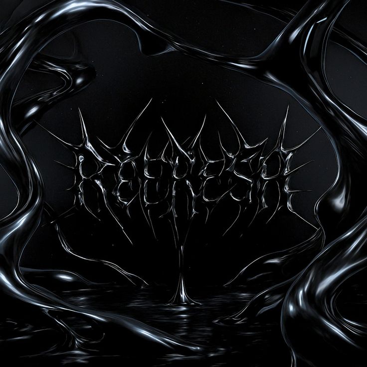 Spiky liquid black chrome lettering among glossy tendrils