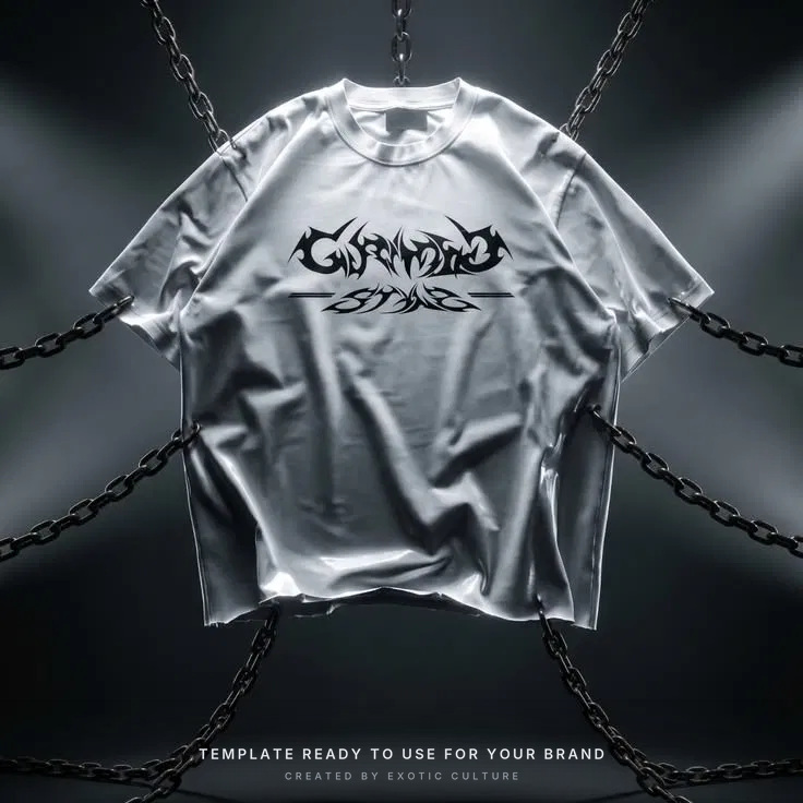 White T-shirt with a tribal chrome print hung on chains, template for a brand